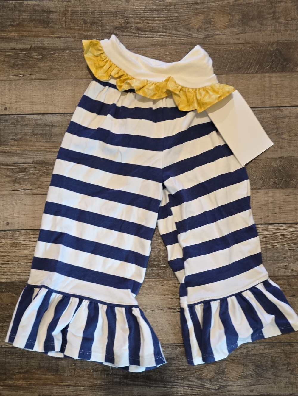 Girls Navy & White Striped Ruffle Pants with Yellow Waist Ruffle